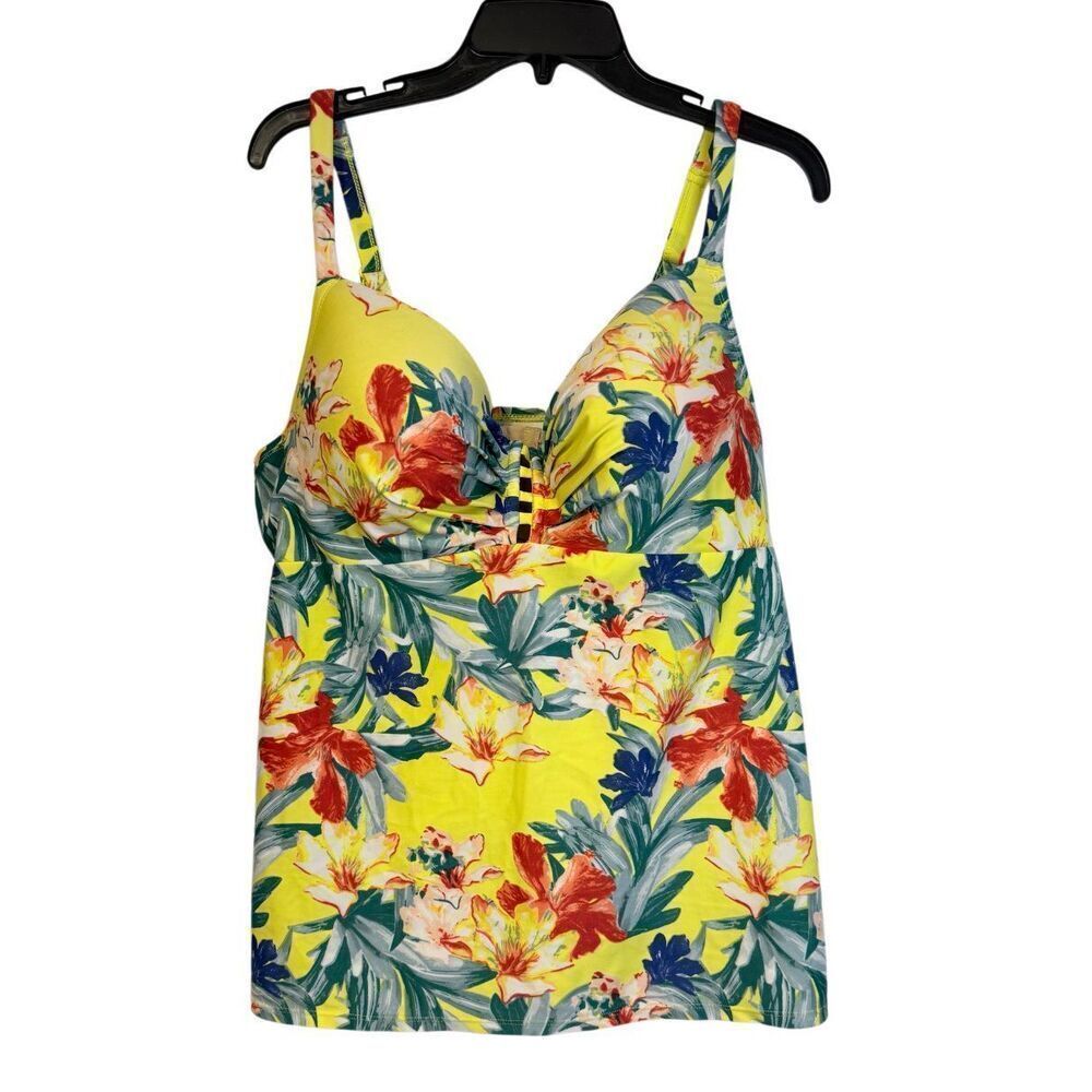 Cacique Women Tankini Swim Top In Yellow Floral Print Lattice Slit Plus Size 40C